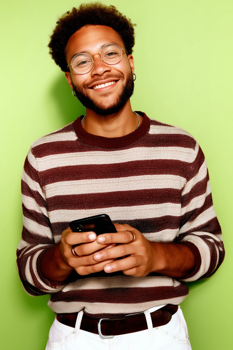 Ein lächelnder Mann mit Brille hält sein Smartphone vor einem hellgrünen Hintergrund.